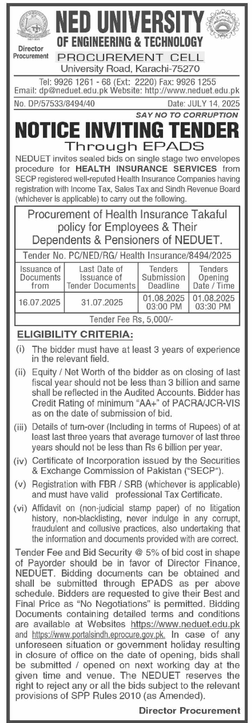 Ned University of Engineering & Technology Karachi Tender Notice